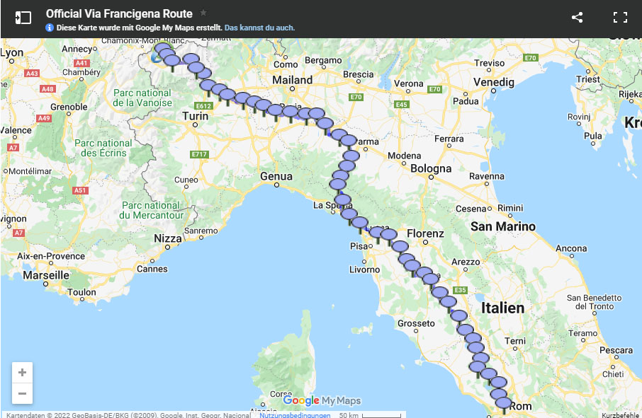 Wegverlauf-Karte-Streckenverlauf-VIa-Francigena von google.com